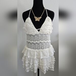Windsor Lace Halter Top White Open Back Tie Ruffle Festival Large
